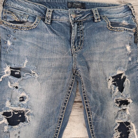 Silver Jeans Co. Suki Flap Slim Distressed Blue Denim Jeans – Women’s W33 L31 - Picture 4 of 14